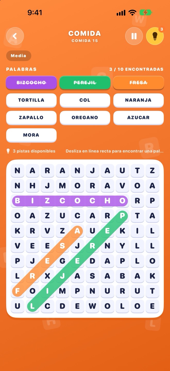 Puzzle de Word Search: Daily Learning con palabras encontradas resaltadas en el tablero