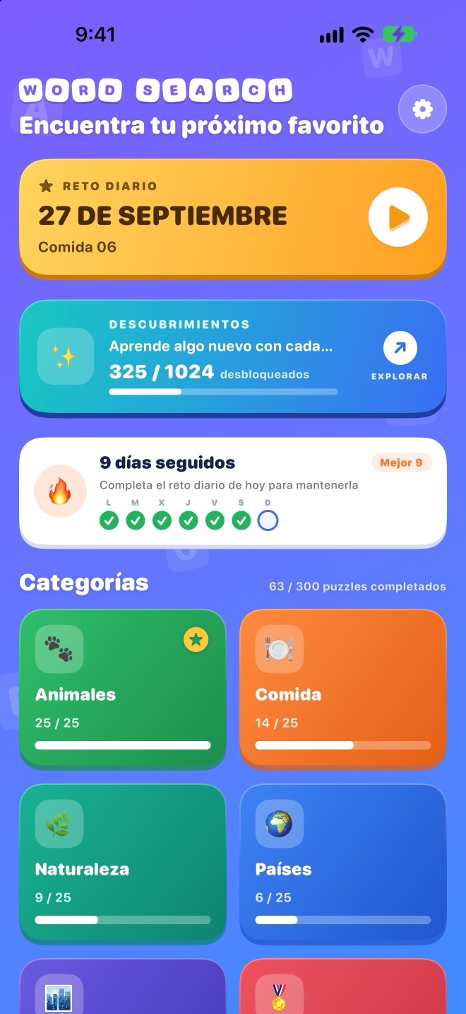 Pantalla de inicio con el reto diario, el progreso de descubrimientos, la racha y las categorías