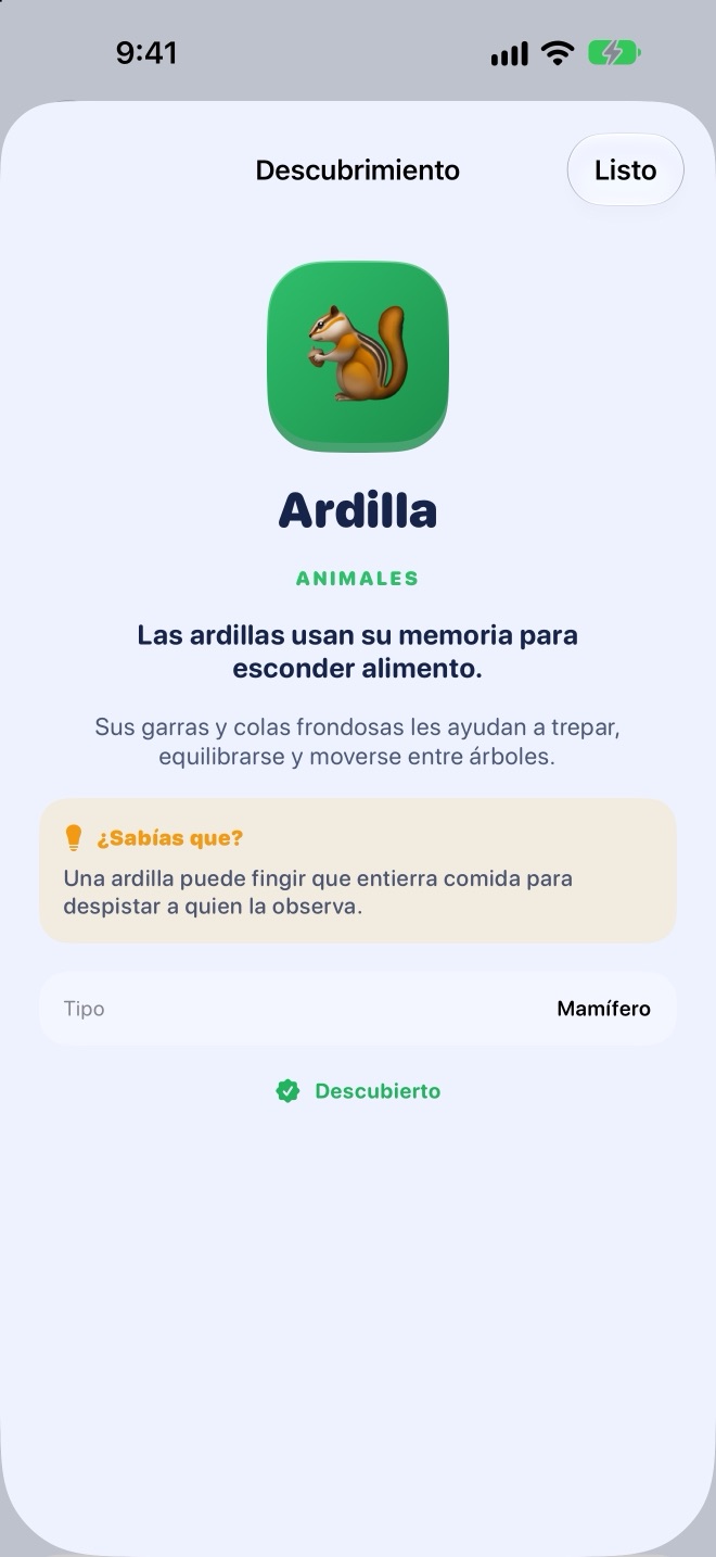 Ficha de descubrimiento de la palabra ardilla con un dato curioso